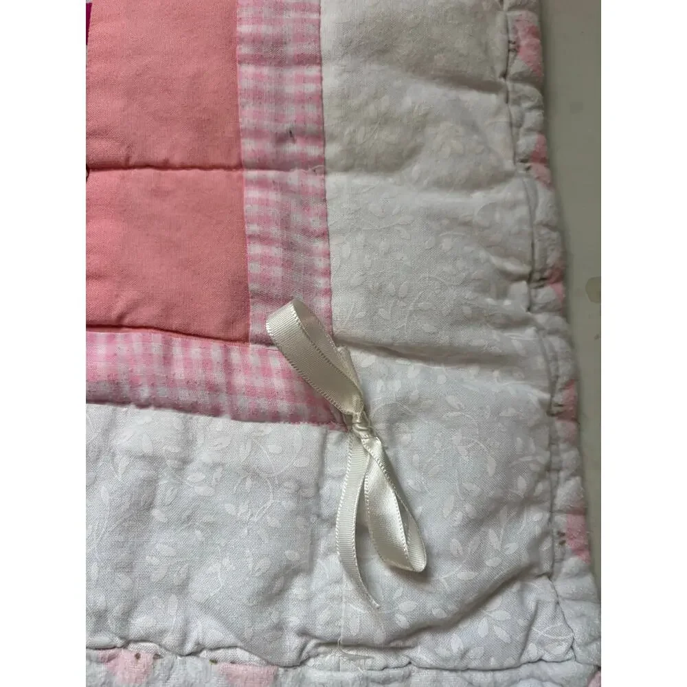 Pink White Baby Quilt 37x37 Handmade Patchwork Crib Quilt